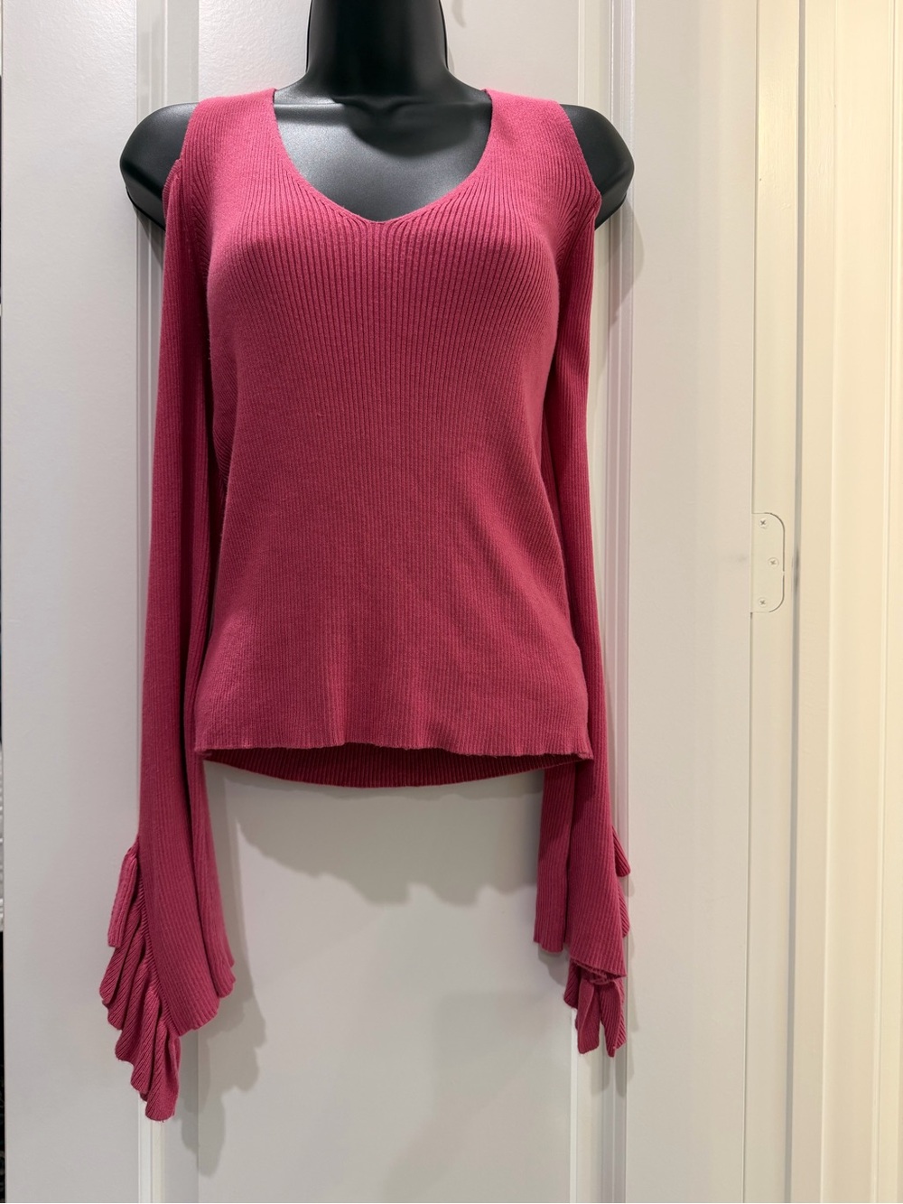 Express Pink Cold Shoulder Ruffle Bell Sleeve V Neck Sweater L